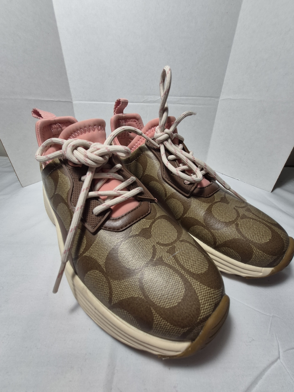 Coach Brown Logo Slip-On Sneakers with Pink Accents Size 5.5